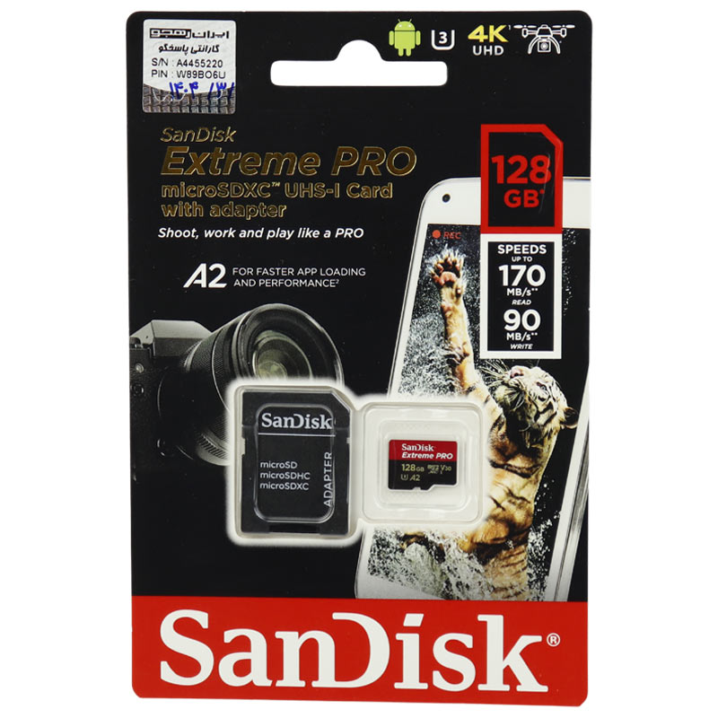رم میکرو 128 گیگ سن دیسک SanDisk Extreme PRO V30 U3 A2 170MB/s + خشاب