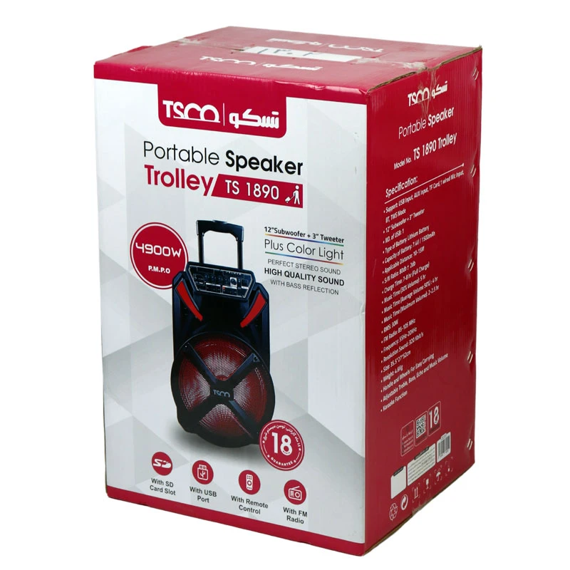 اسپیکر چمدانی بلوتوثی رم و فلش خور TSCO TS 1890 + میکروفون و ریموت کنترل