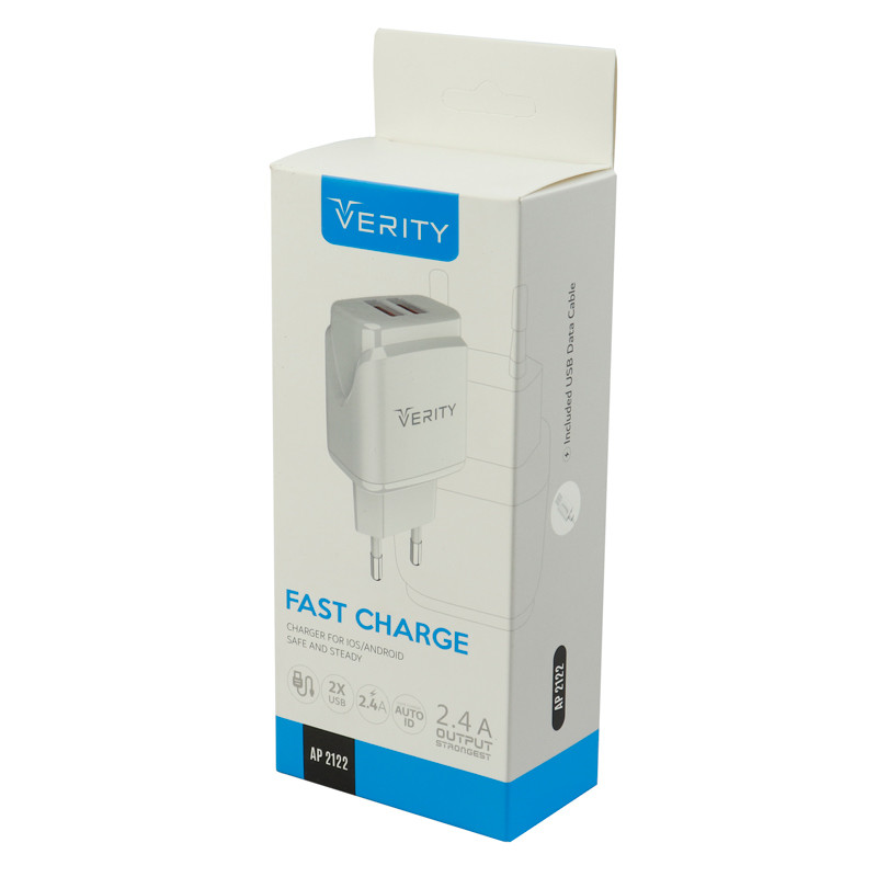 شارژر دیواری فست شارژ Verity AP2122 2Port 2.4A + کابل میکرو یو اس بی