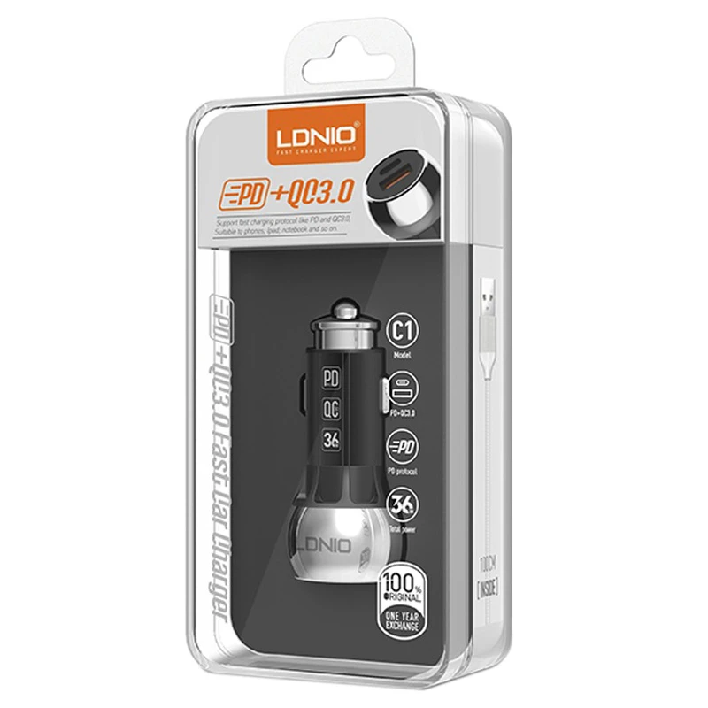 شارژر فندکی فست شارژ Ldnio C1 3A QC3.0 PD 36W + کابل آیفونی