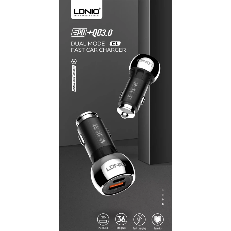 شارژر فندکی فست شارژ Ldnio C1 3A QC3.0 PD 36W + کابل آیفونی