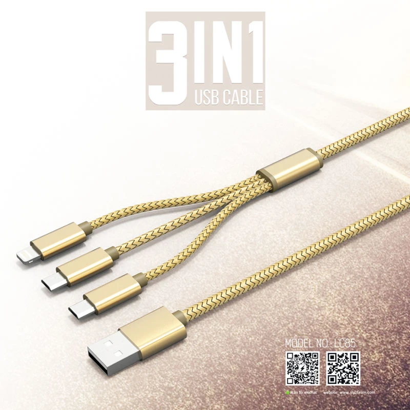 کابل سه سر فست شارژ 3.4 آمپر الدینیو LC85C طول 1.2 متر