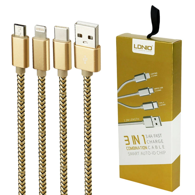 کابل سه سر فست شارژ 3.4 آمپر الدینیو LC85C طول 1.2 متر