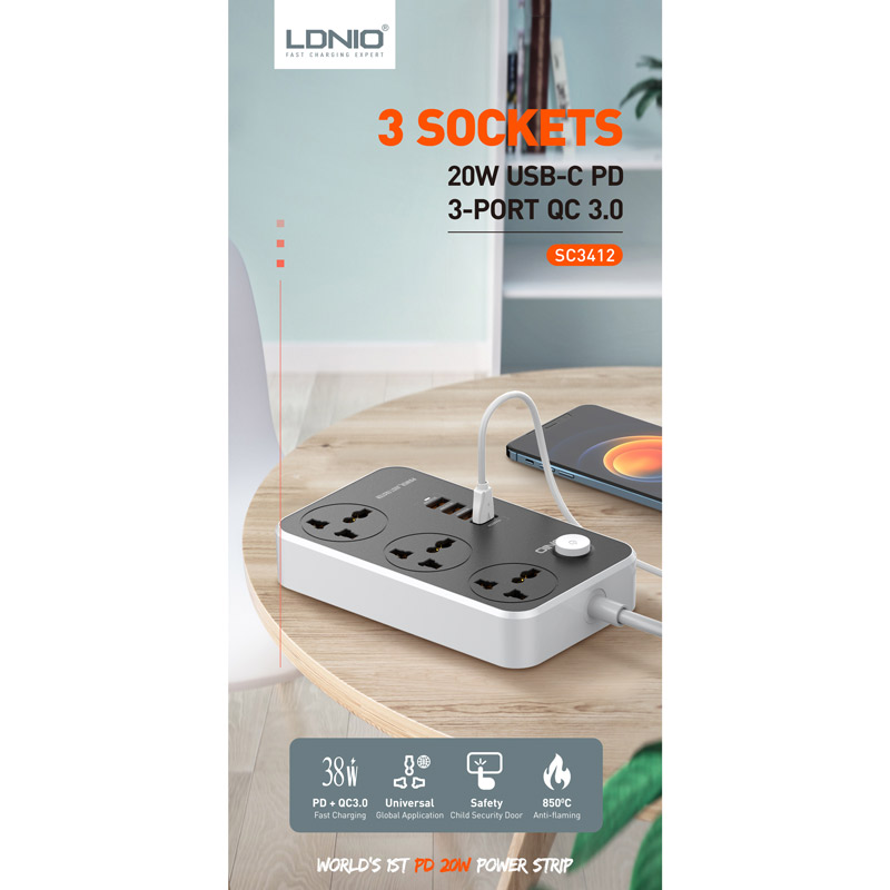 چند راهی 3 خانه برق ارت دار الدینیو SC3412 با کابل 2 متری + شارژر USB و Type-C