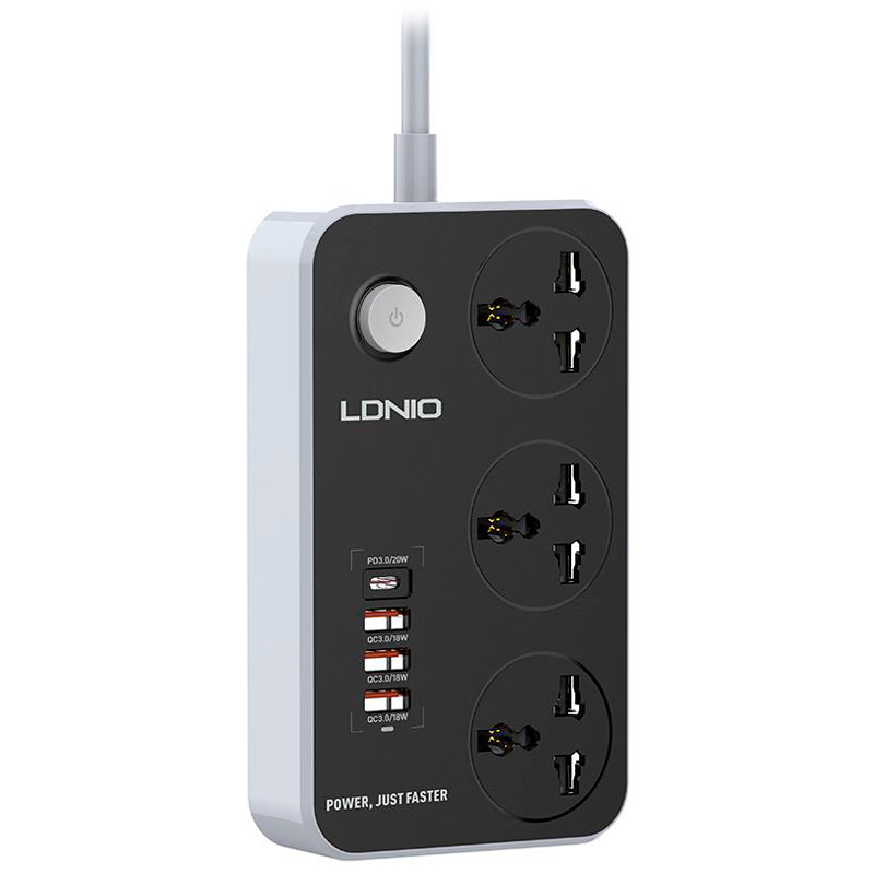 چند راهی 3 خانه برق ارت دار الدینیو SC3412 با کابل 2 متری + شارژر USB و Type-C
