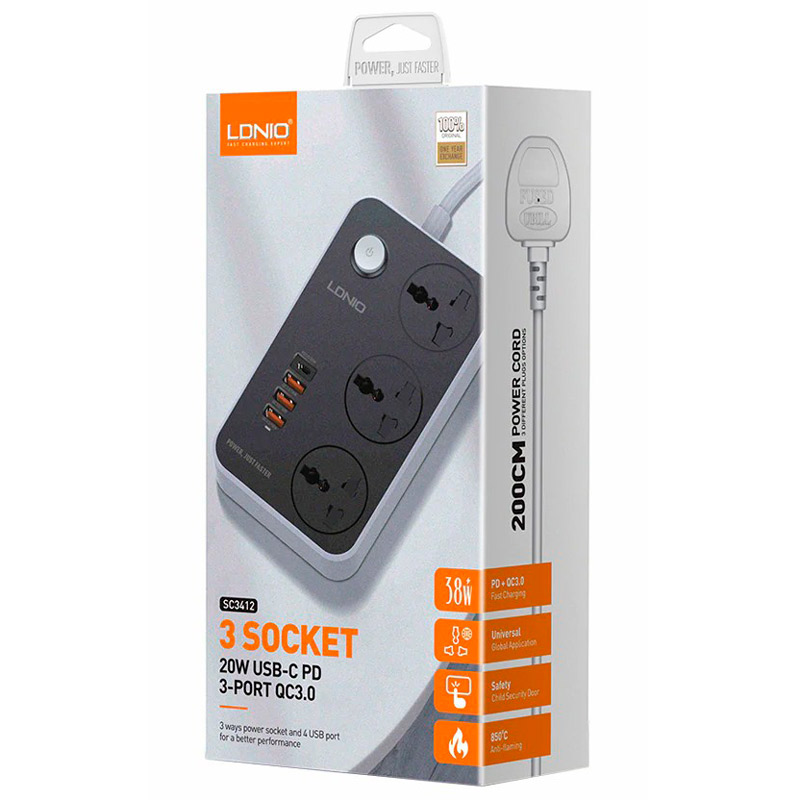 چند راهی 3 خانه برق ارت دار الدینیو SC3412 با کابل 2 متری + شارژر USB و Type-C