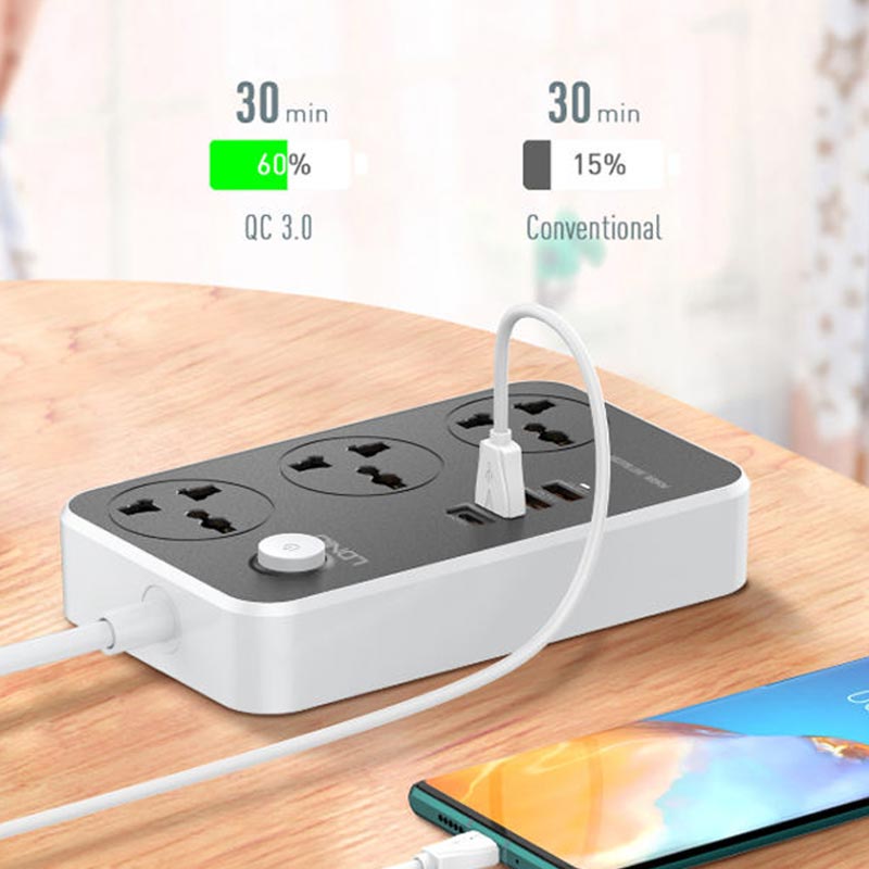 چند راهی 3 خانه برق ارت دار الدینیو SC3412 با کابل 2 متری + شارژر USB و Type-C