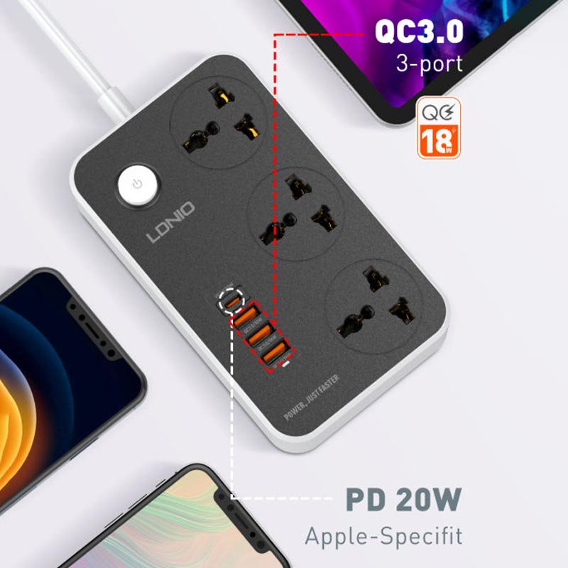 چند راهی 3 خانه برق ارت دار الدینیو SC3412 با کابل 2 متری + شارژر USB و Type-C