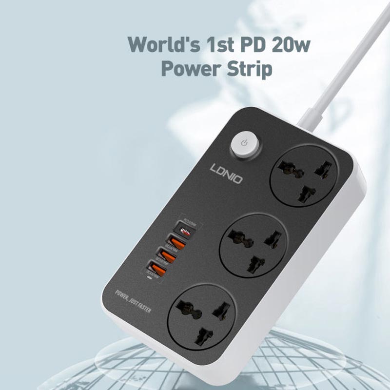 چند راهی 3 خانه برق ارت دار الدینیو SC3412 با کابل 2 متری + شارژر USB و Type-C