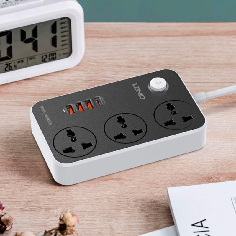 چند راهی 3 خانه برق ارت دار الدینیو SC3412 با کابل 2 متری + شارژر USB و Type-C