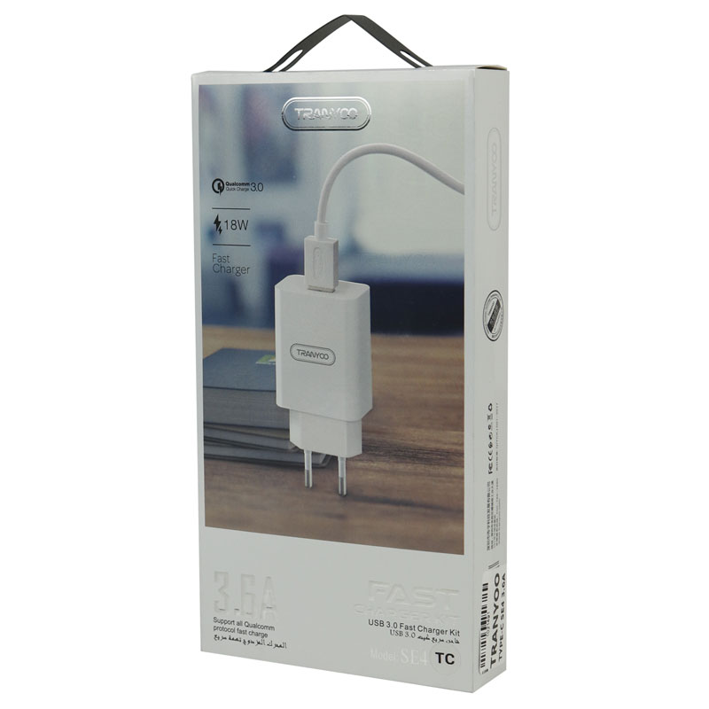 شارژر دیواری فست شارژ Tranyoo SE4 3.6A QC3.0 PD 18W + کابل تایپ سی