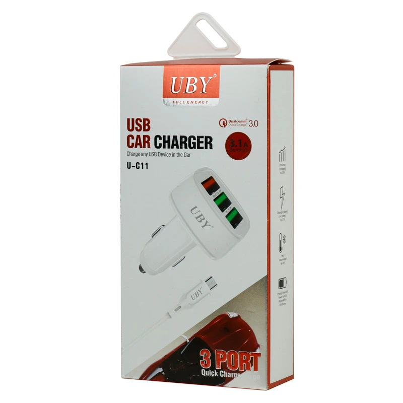 شارژر فندکی فست شارژ UBY U-C11 3.1A QC3.0 + کابل میکرو یو اس بی