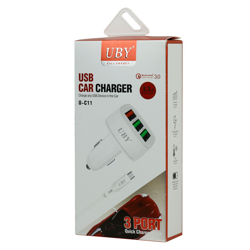 شارژر فندکی فست شارژ UBY U-C11 3.1A QC3.0 + کابل میکرو یو اس بی