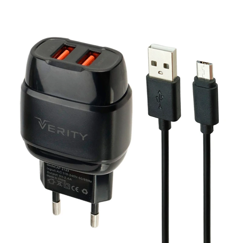 شارژر دیواری فست شارژ Verity AP2123 2Port 2.4A + کابل میکرو یو اس بی