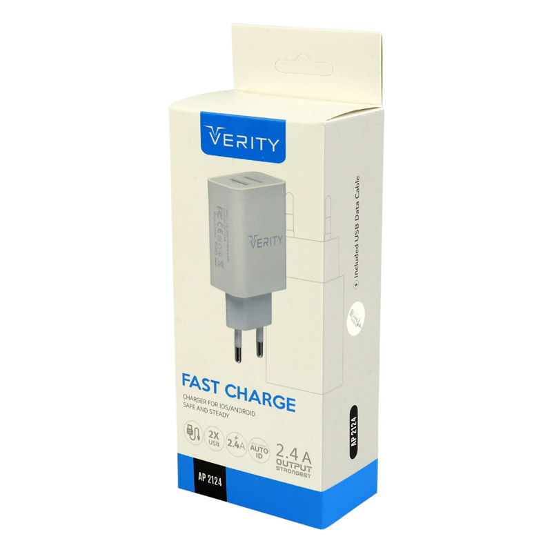شارژر دیواری فست شارژ Verity AP2124 2Port 2.4A + کابل میکرو یو اس بی