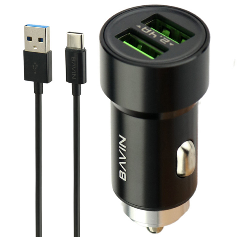 شارژر فندکی فست شارژ Bavin PC375 2.4A 12W + کابل تایپ سی