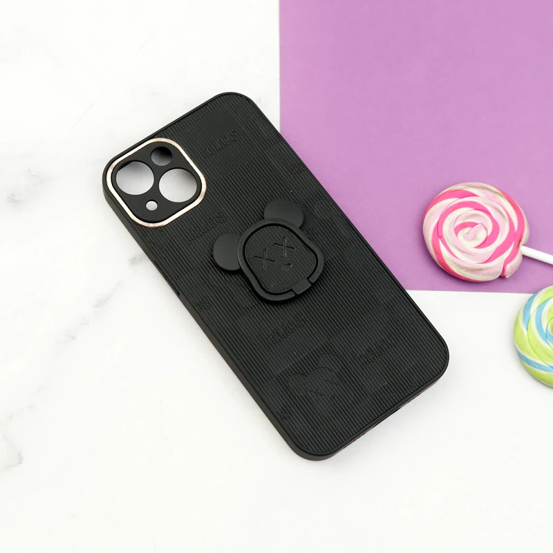 قاب چرمی داغی خورده Kaws محافظ لنزدار + هولدر انگشتی iPhone 13 مشکی