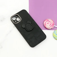 قاب چرمی داغی خورده Kaws محافظ لنزدار + هولدر انگشتی iPhone 13 مشکی