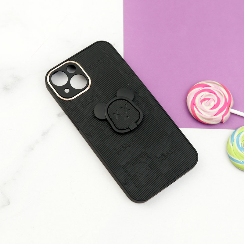 قاب چرمی داغی خورده Kaws محافظ لنزدار + هولدر انگشتی iPhone 13 مشکی