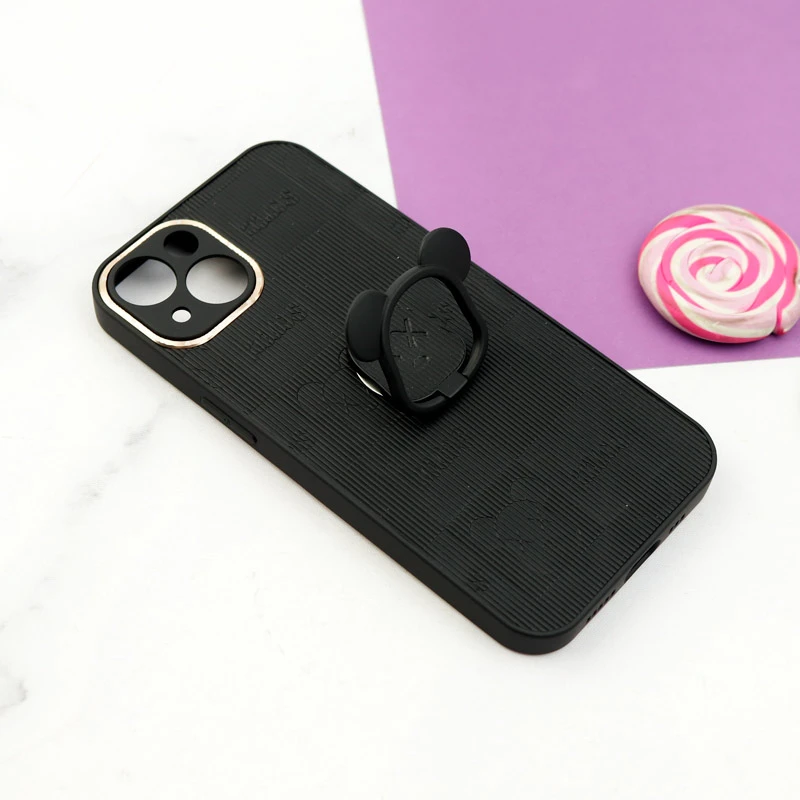 قاب چرمی داغی خورده Kaws محافظ لنزدار + هولدر انگشتی iPhone 13 مشکی