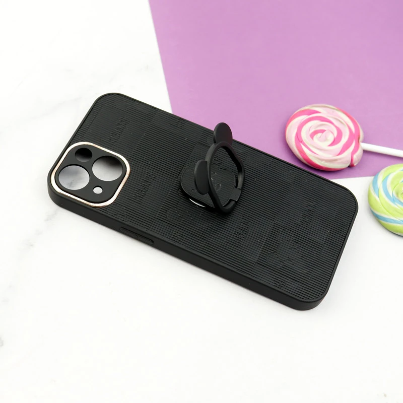 قاب چرمی داغی خورده Kaws محافظ لنزدار + هولدر انگشتی iPhone 13 مشکی