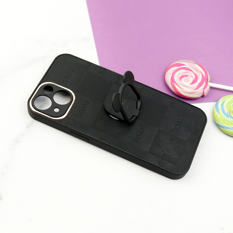 قاب چرمی داغی خورده Kaws محافظ لنزدار + هولدر انگشتی iPhone 13 مشکی