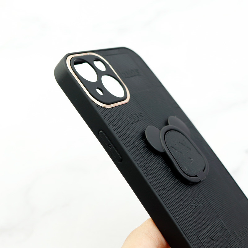 قاب چرمی داغی خورده Kaws محافظ لنزدار + هولدر انگشتی iPhone 13 مشکی