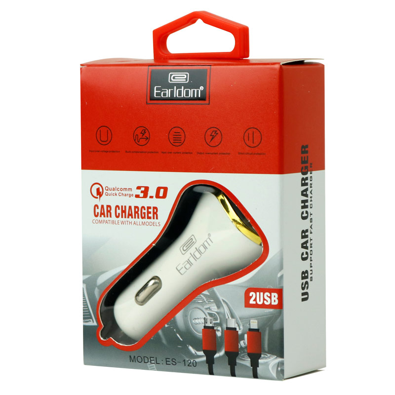 شارژر فندکی فست شارژ Earldom ES-120 2.1A QC3.0 + کابل 3 سر