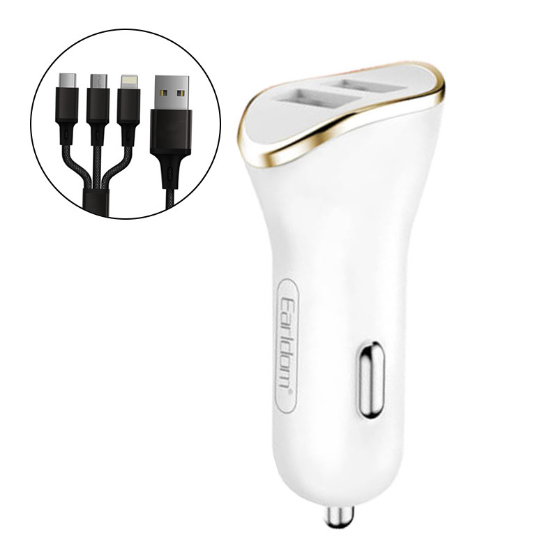 شارژر فندکی فست شارژ Earldom ES-120 2.1A QC3.0 + کابل 3 سر