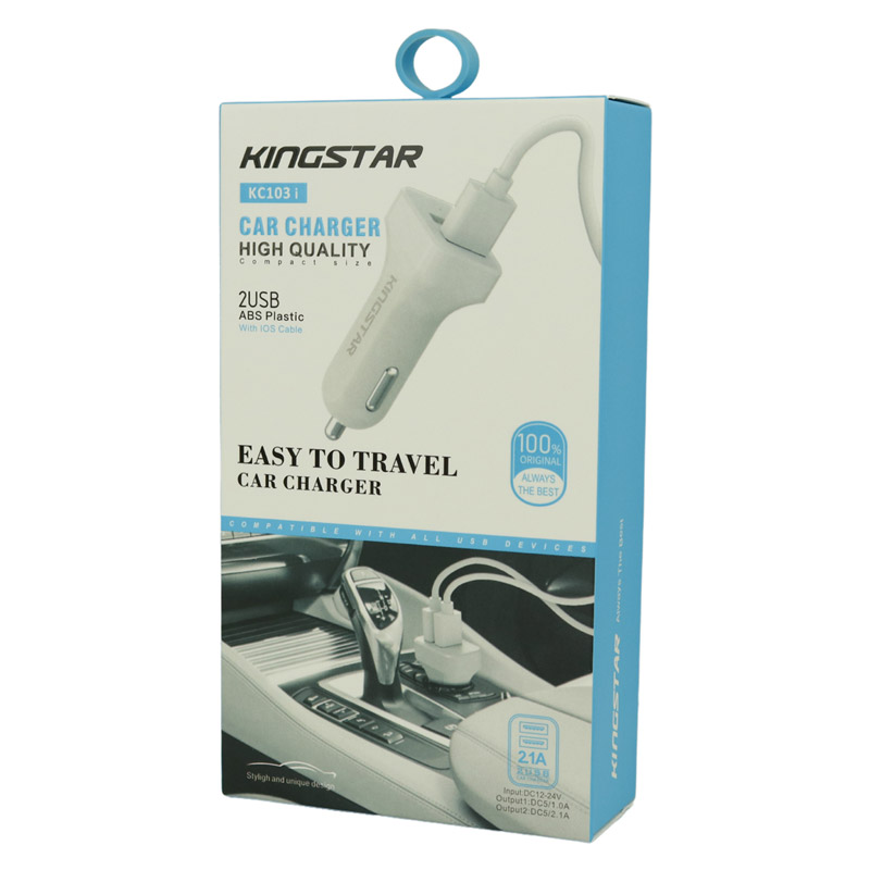 شارژر فندکی KingStar KC103i 2.1A + کابل آیفونی
