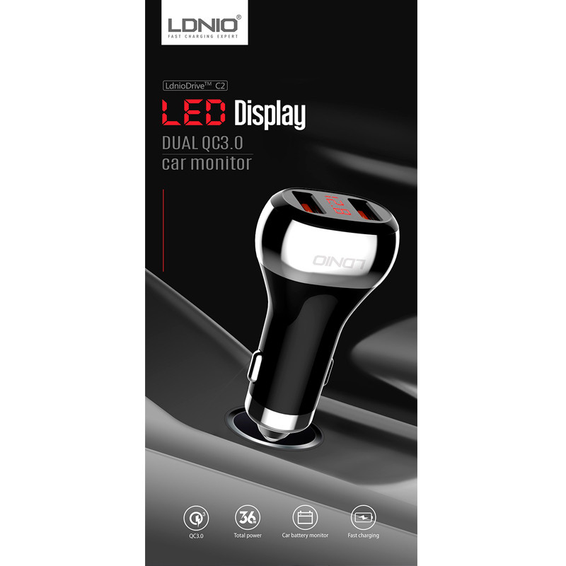 شارژر فندکی فست شارژ Ldnio C2 3A QC3.0 PD 36W + کابل آیفونی
