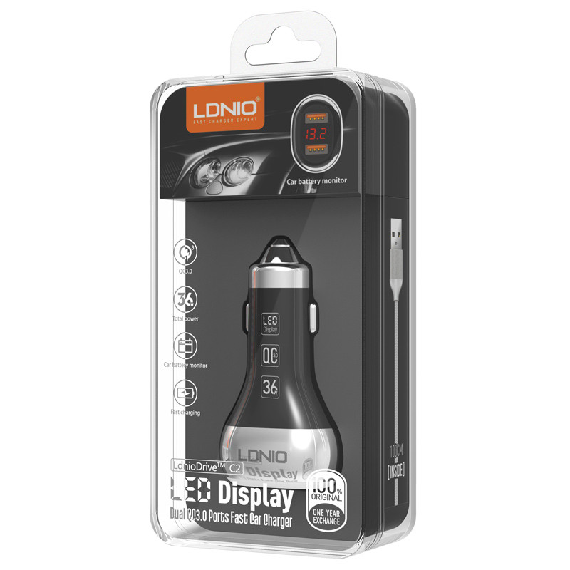 شارژر فندکی فست شارژ Ldnio C2 3A QC3.0 PD 36W + کابل آیفونی