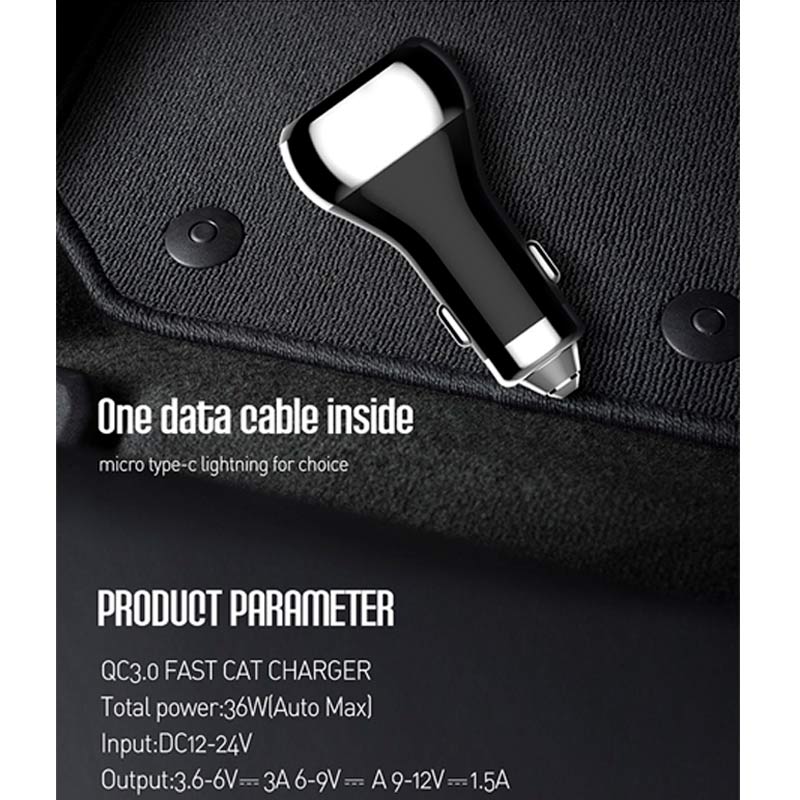 شارژر فندکی فست شارژ Ldnio C2 3A QC3.0 36W + کابل آیفونی
