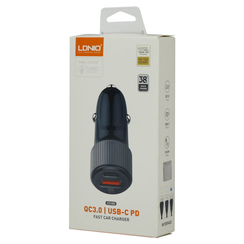 شارژر فندکی فست شارژ Ldnio C510Q 2.4A QC3.0 PD 38W + کابل تایپ سی