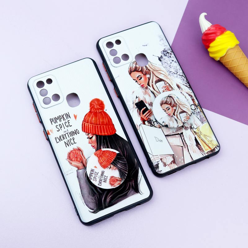 قاب فانتزی طرحدار دخترانه محافظ لنزدار + پاپ سوکت Samsung Galaxy A21s سری R