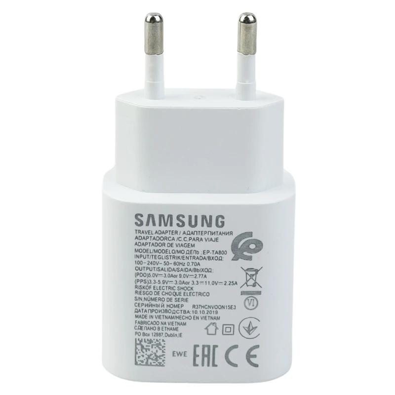 شارژر دیواری 25 وات سامسونگ Note 10 EP-TA800 PD 3A شرینک + کابل تبدیل تایپ سی