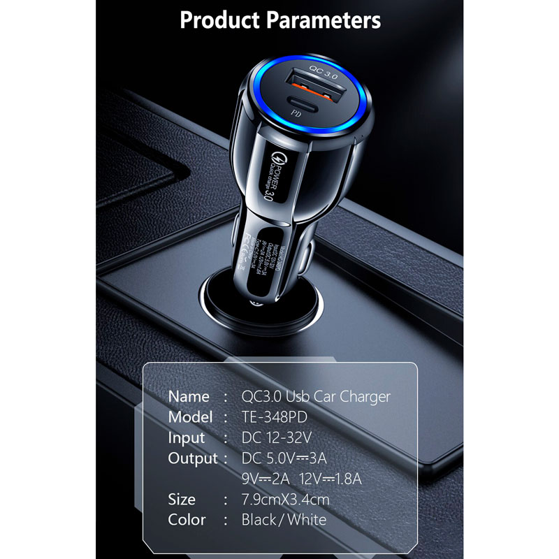 شارژر فندکی فست شارژ TE-348PD 3A QC3.0 PD 18W