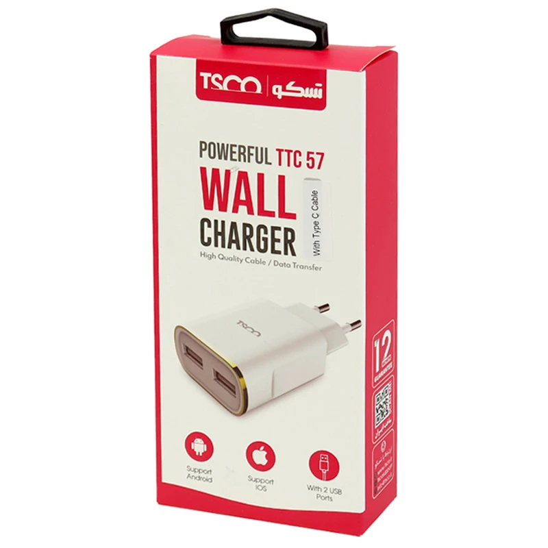 شارژر دیواری TSCO TTC57 2Port 2.4A 12W + کابل تایپ سی