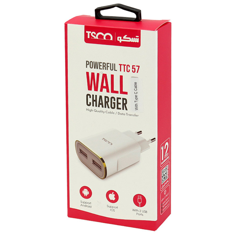 شارژر دیواری TSCO TTC57 2Port 2.4A 12W + کابل تایپ سی