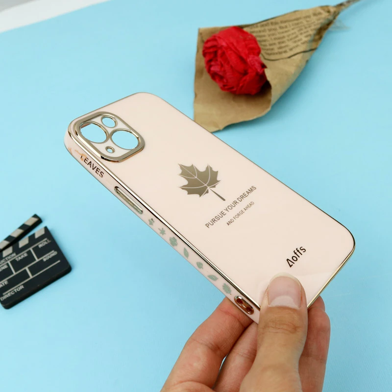 قاب براق My Case طرح برگ محافظ لنزدار iPhone 13 صورتی