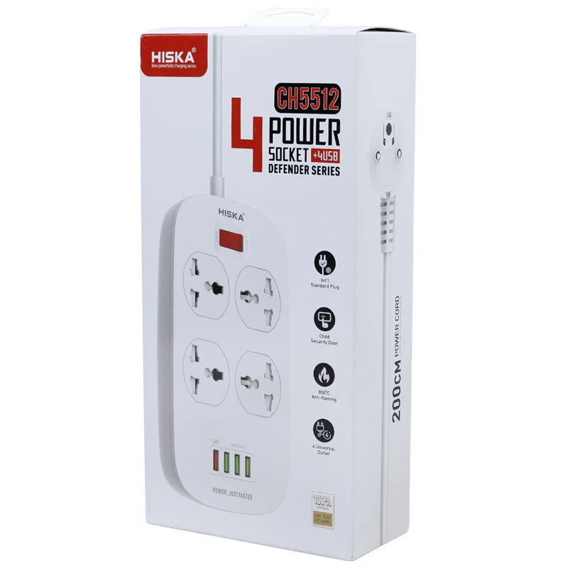 چند راهی 4 خانه ارت دار هیسکا CH5512 با کابل 2 متری + شارژر USB