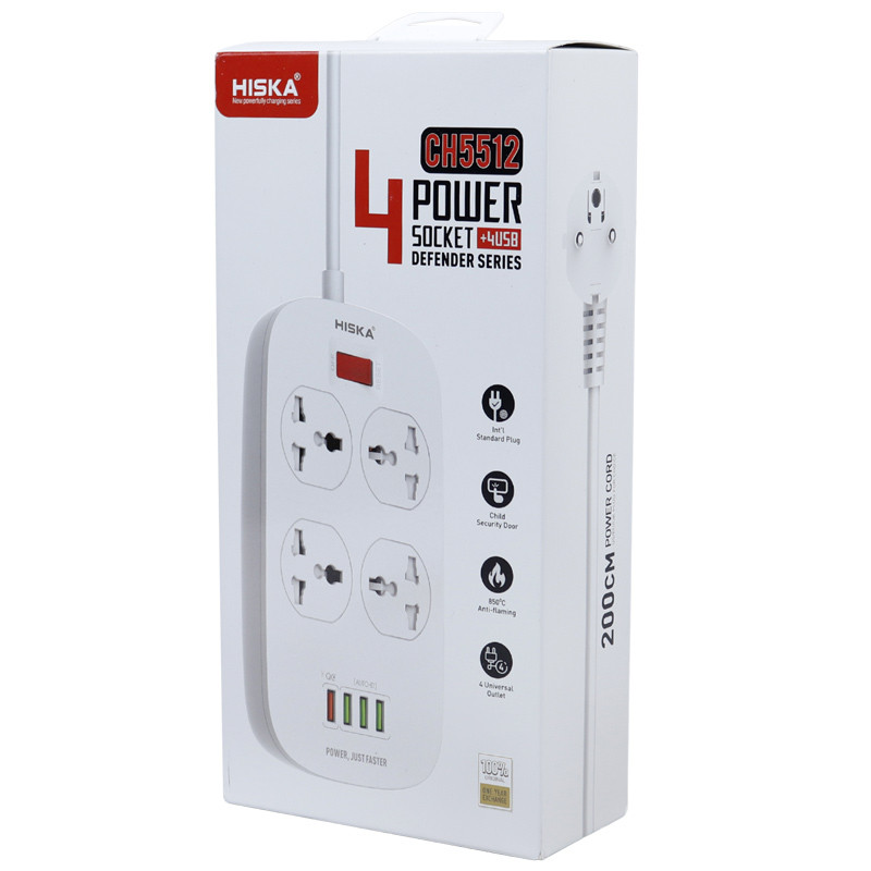 چند راهی 4 خانه برق ارت دار هیسکا CH5512 با کابل 2 متری + شارژر USB