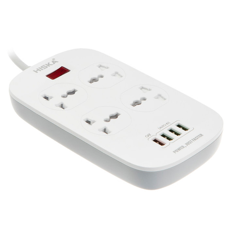 چند راهی 4 خانه برق ارت دار هیسکا CH5512 با کابل 2 متری + شارژر USB