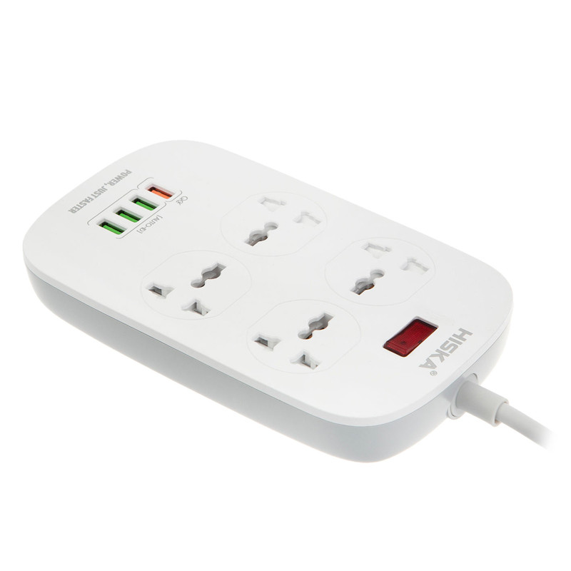 چند راهی 4 خانه برق ارت دار هیسکا CH5512 با کابل 2 متری + شارژر USB