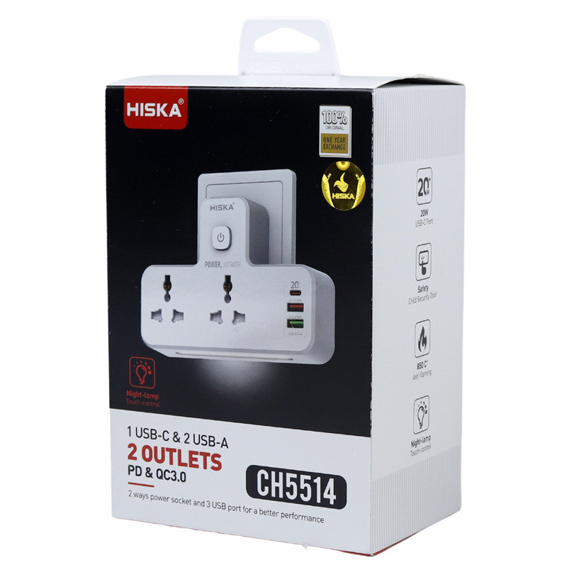 چند راهی 2 خانه برق هیسکا CH5514 + شارژر USB و Type-C