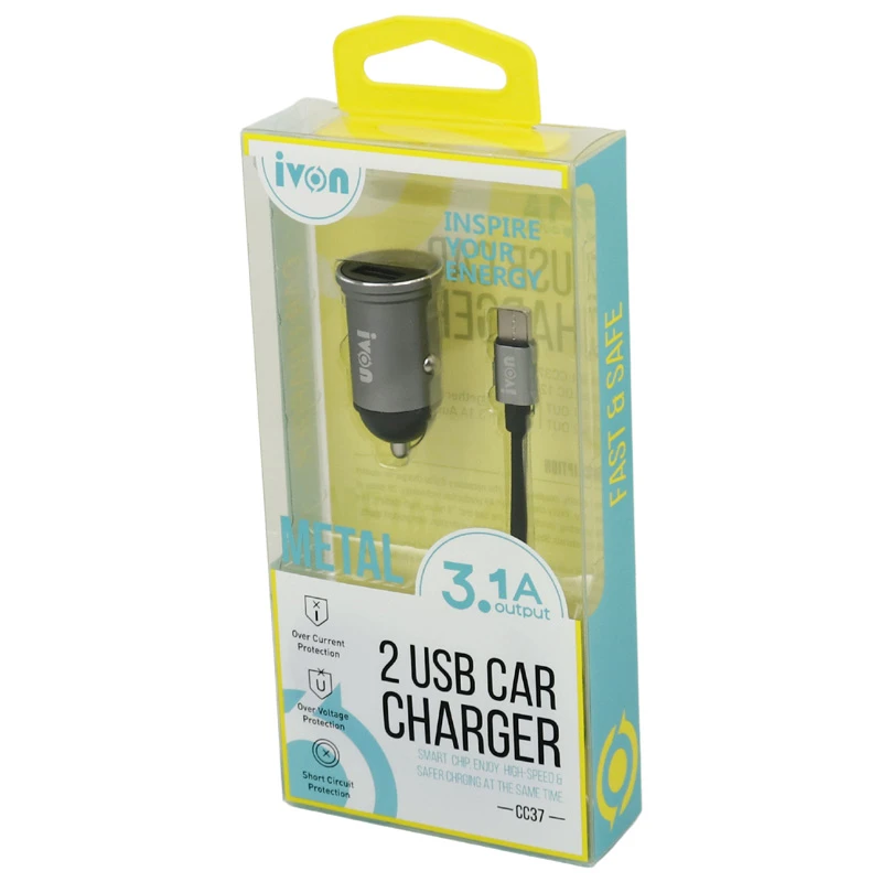 شارژر فندکی فست شارژ Ivon CC37 3.1A + کابل تایپ سی
