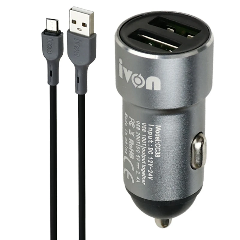 شارژر فندکی فست شارژ Ivon CC38 2.4A 12W + کابل میکرو یو اس بی
