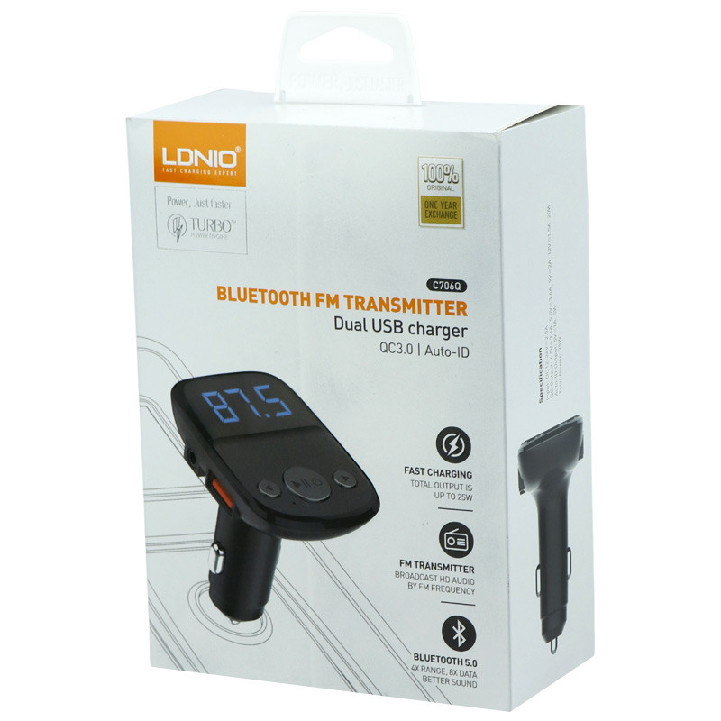 شارژر فندکی + FM Player بلوتوثی Ldnio C706Q QC3.0 25W + کابل آیفونی