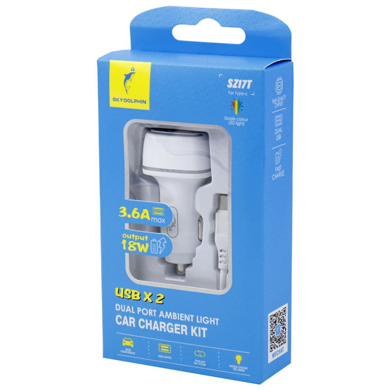 شارژر فندکی فست شارژ Sky Dolphin SZ17T 3.6A 18W + کابل تایپ سی
