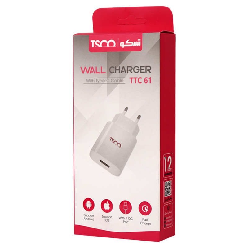 شارژر دیواری فست شارژ TSCO TTC61 QC3 PD 3.6A + کابل تایپ سی